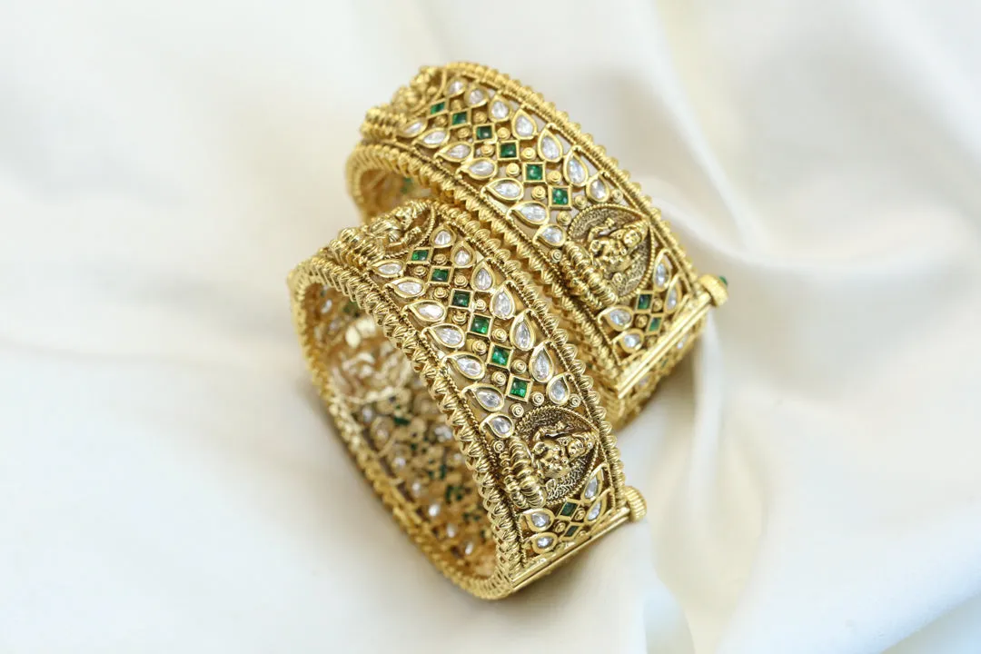 Gold Lakshmi Polki Kundan Bangles - Green