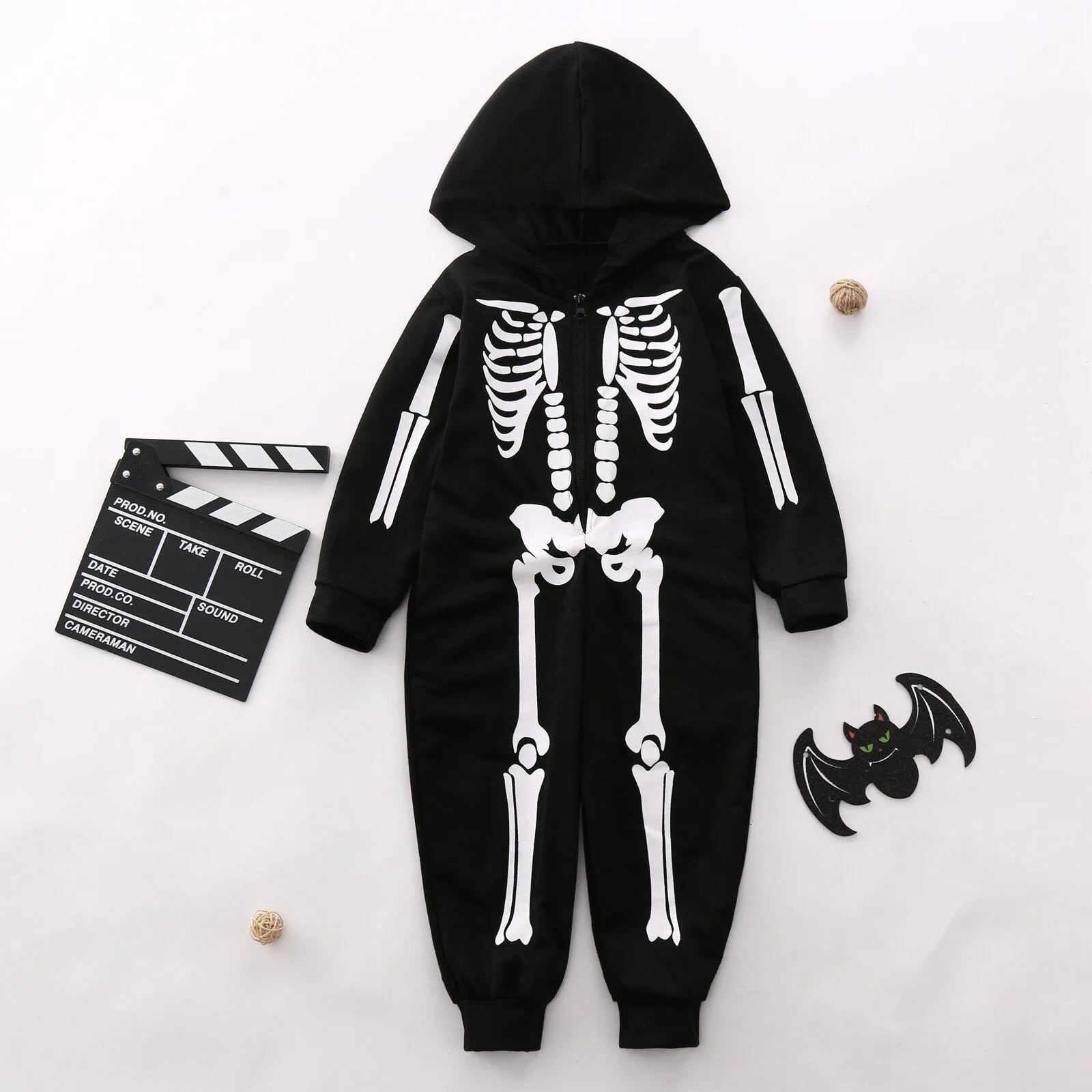 Halloween Family Matching Outfits Fashion Skeleton Print Hooded Jumpsuit Pajama Family Look Father Mother Kids Halloween Costume