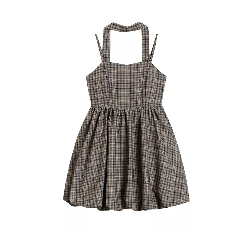 Halter-Neck Plaid Mini A-Line Dress aa16