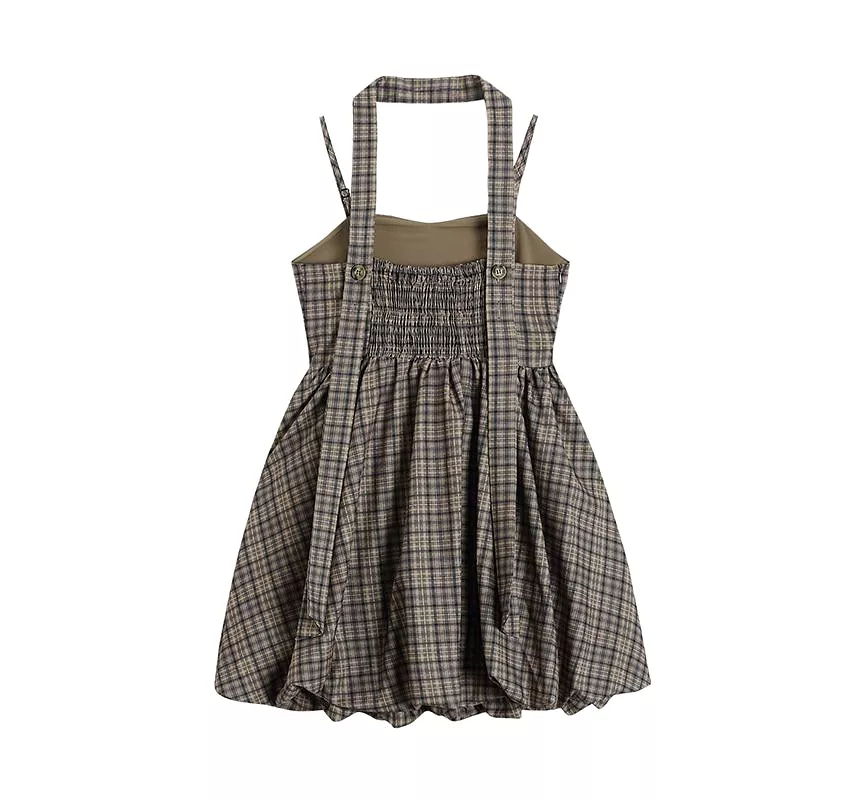 Halter-Neck Plaid Mini A-Line Dress aa16