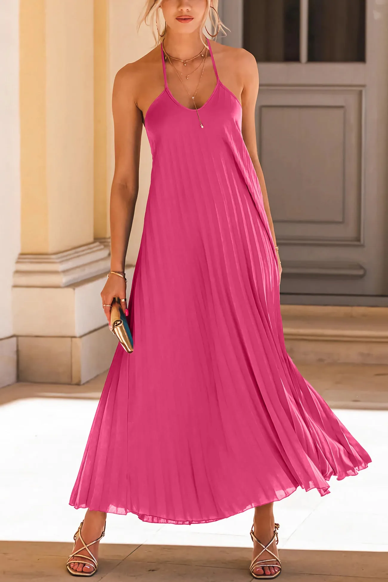 Halter Neck Pleated A-line Dress