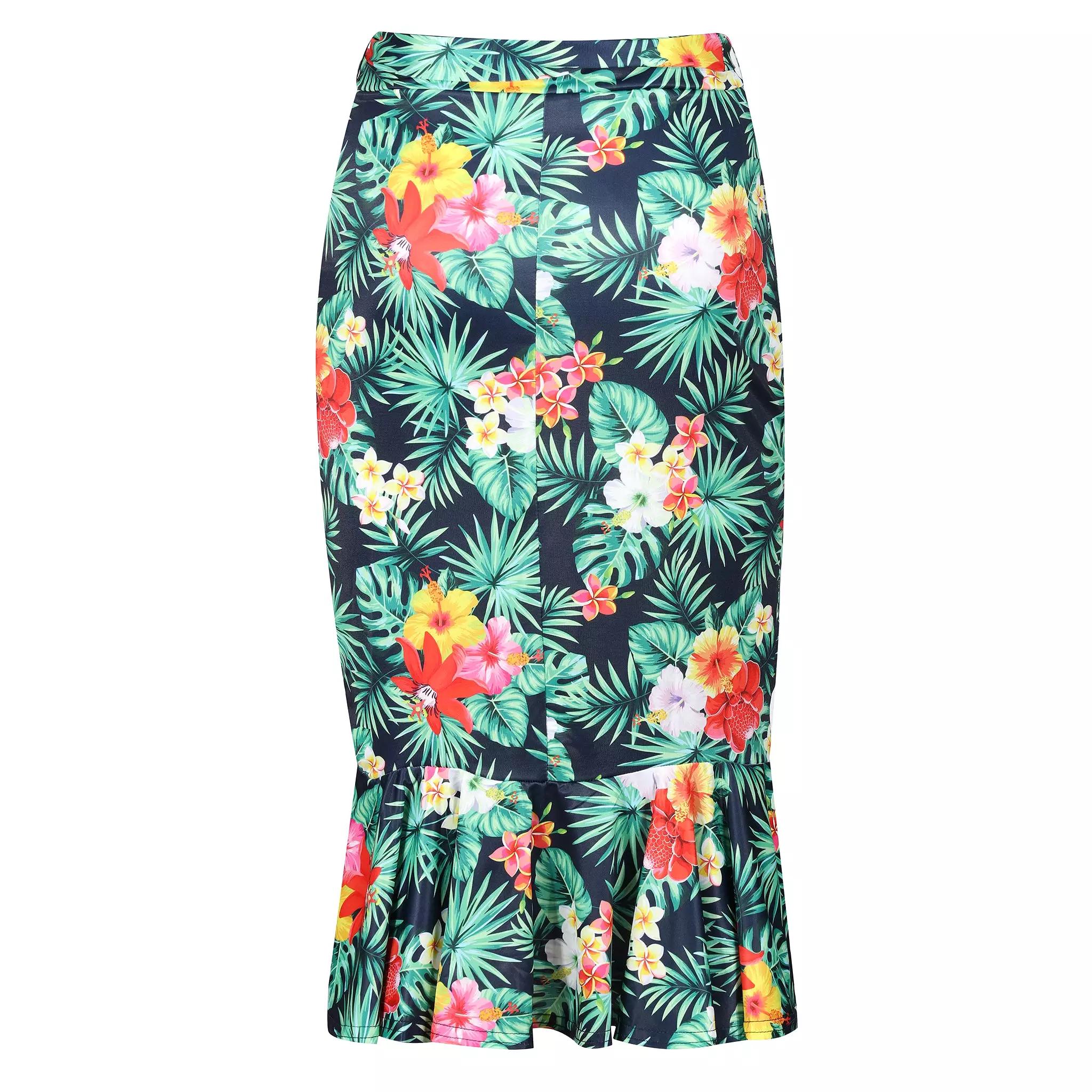 Hawaiian Print Ruffle Hem Tie belt Wiggle Skirt