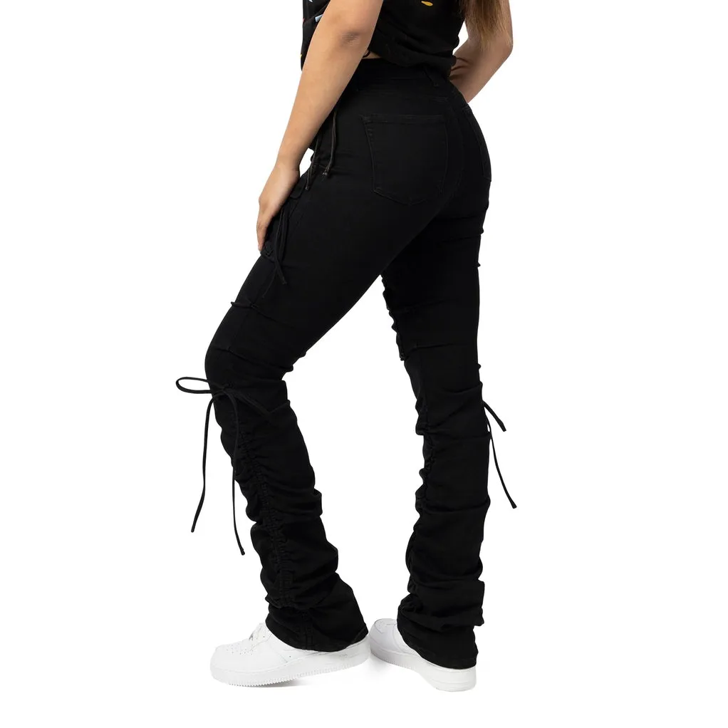 High Rise Bootcut Strap Twill Pants - Black