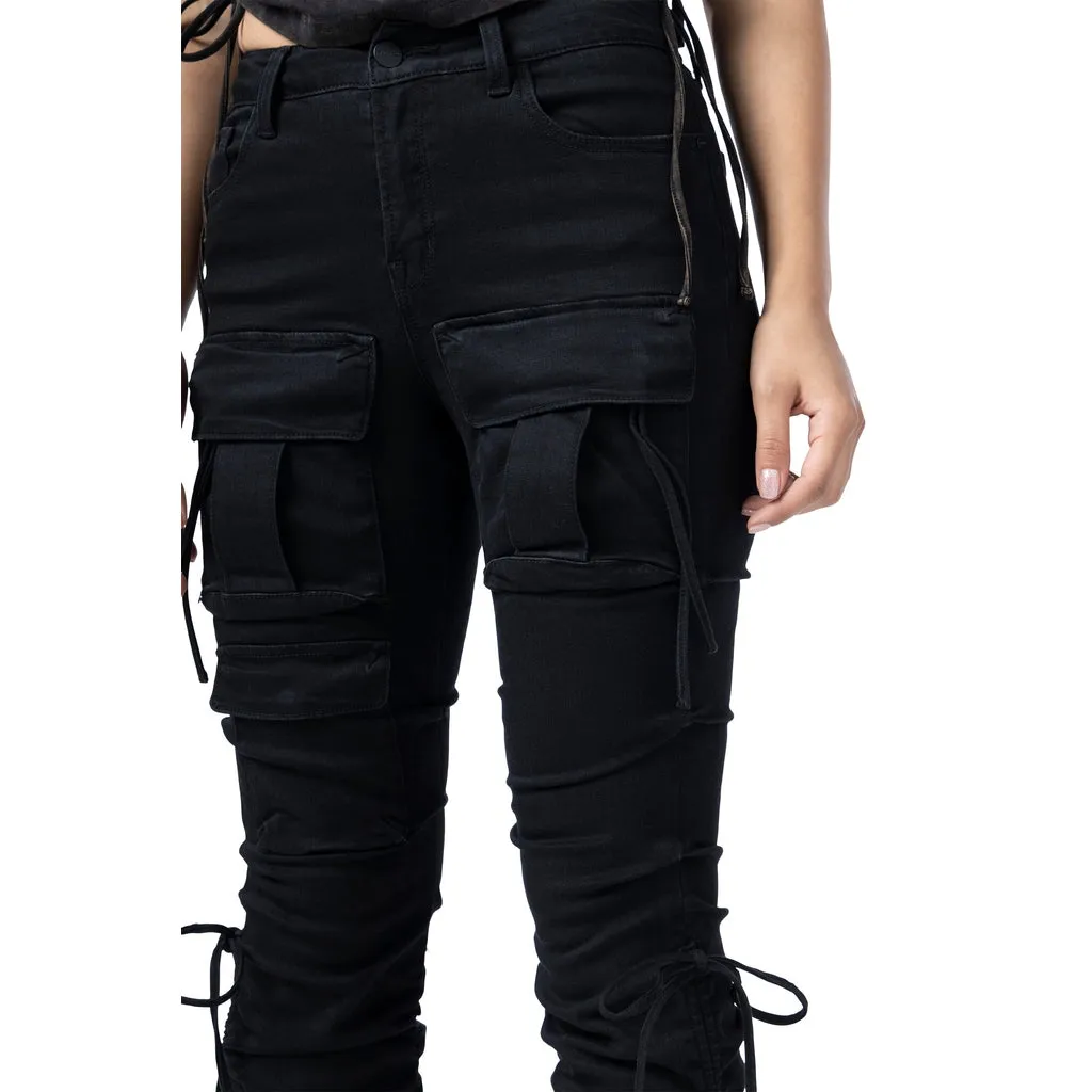 High Rise Bootcut Strap Twill Pants - Black