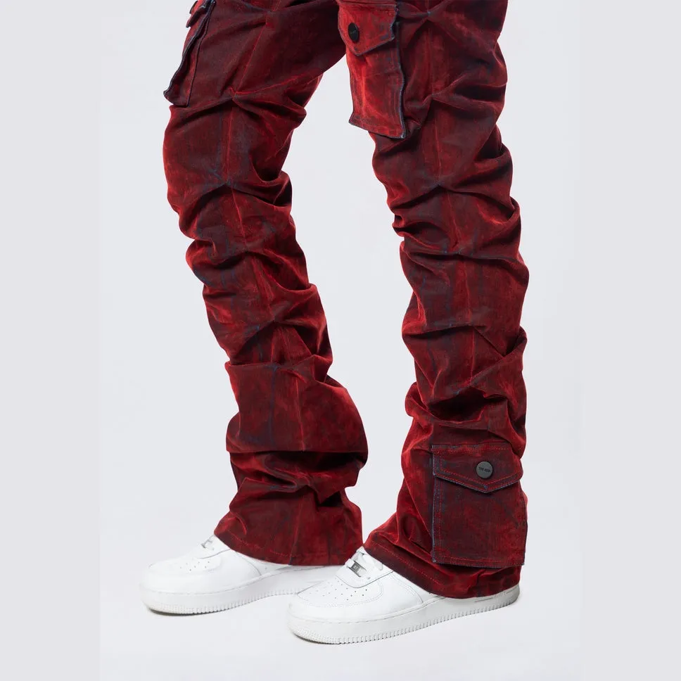 High Rise Stacked Flocked  Jeans - Crimson