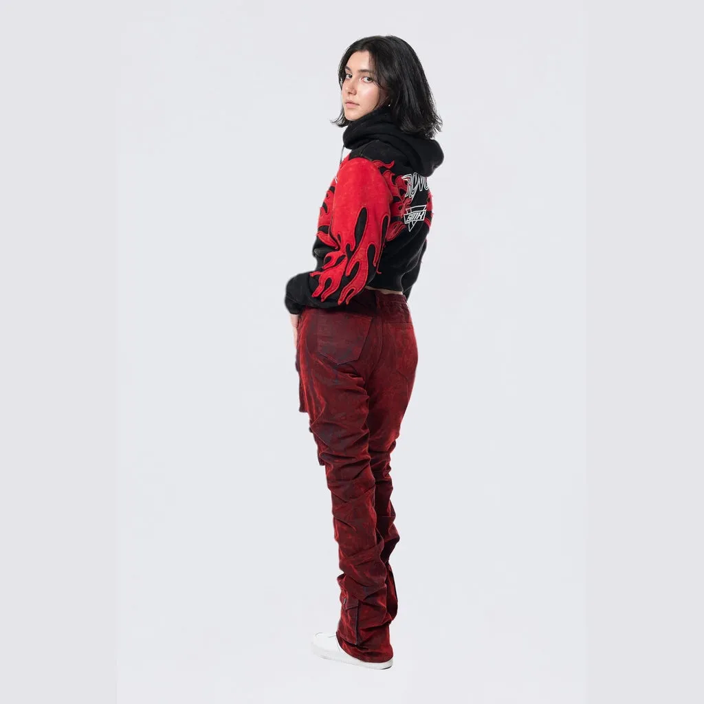 High Rise Stacked Flocked  Jeans - Crimson