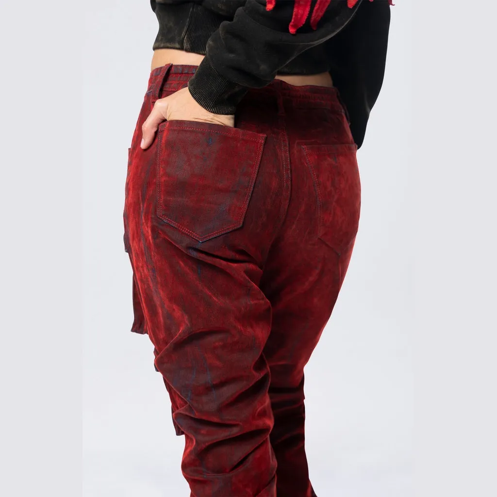 High Rise Stacked Flocked  Jeans - Crimson