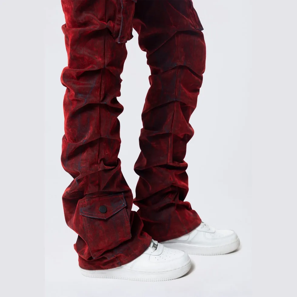 High Rise Stacked Flocked  Jeans - Crimson