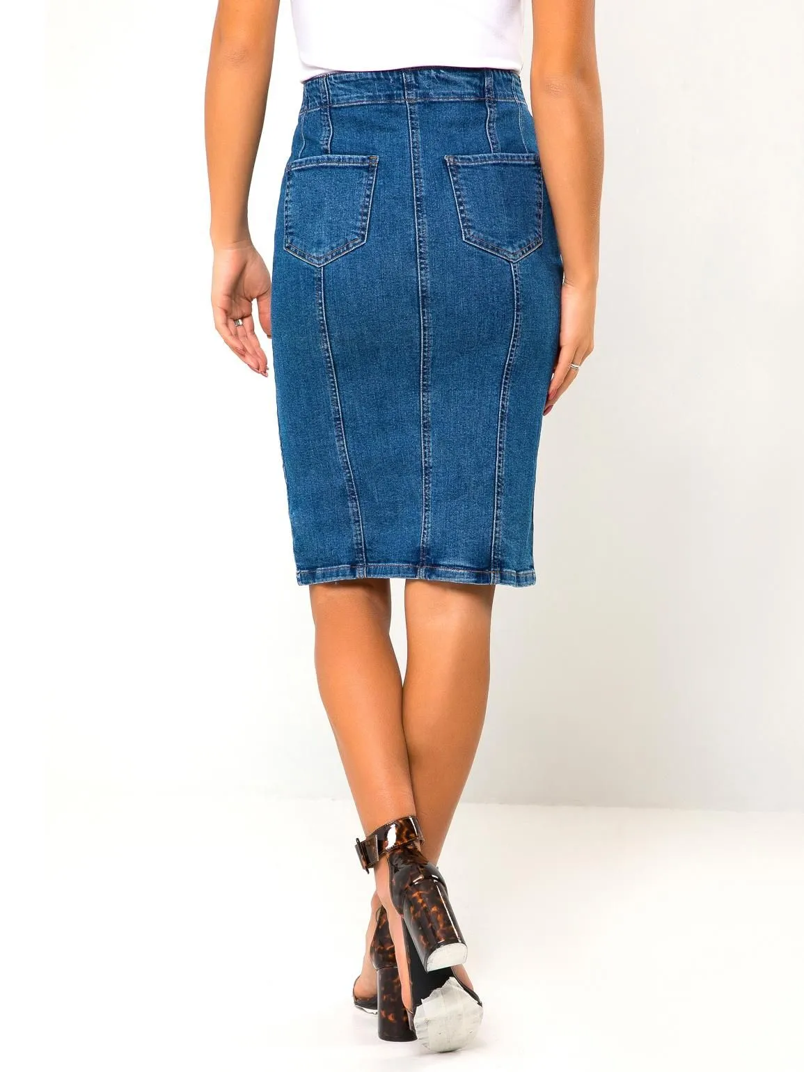 High Waisted Stretch Denim Pencil Skirt