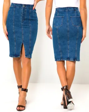 High Waisted Stretch Denim Pencil Skirt