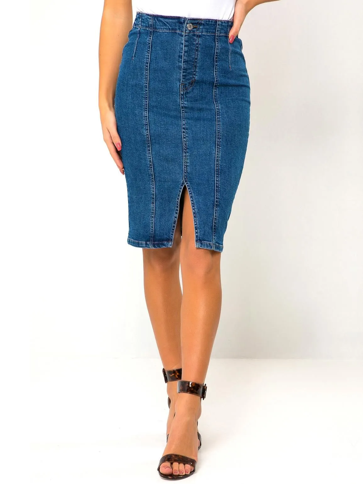 High Waisted Stretch Denim Pencil Skirt