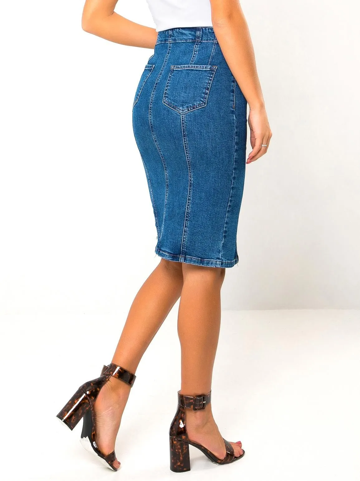 High Waisted Stretch Denim Pencil Skirt