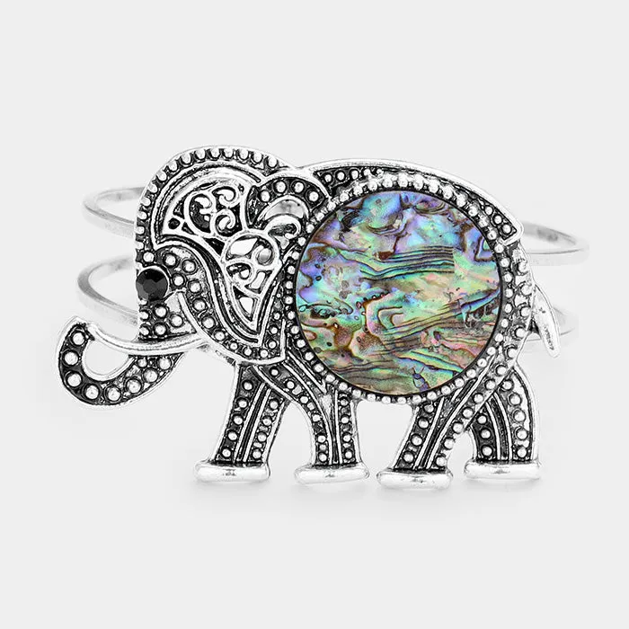 iLLASPARKZ Abalone Accented Embossed Metal Elephant Hinged Bracelet