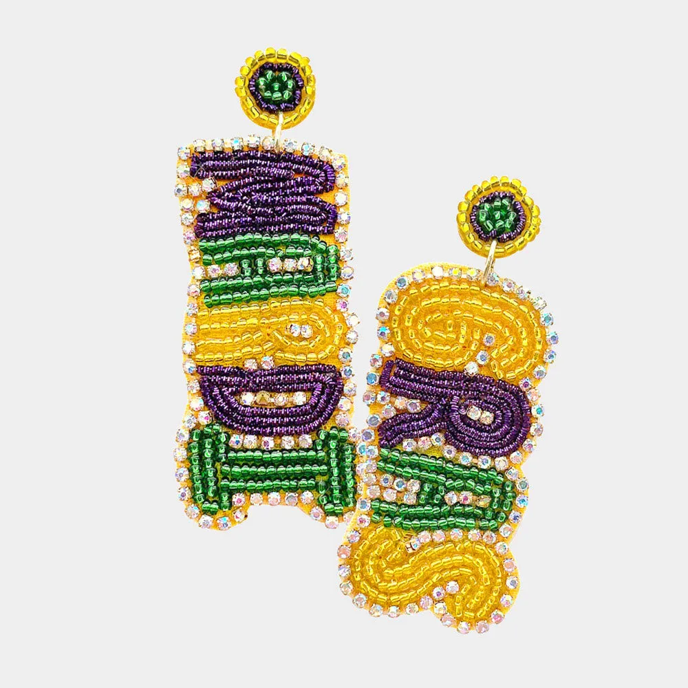 iLLASPARKZ Mardi Gras Felt Back Beaded Message Dangle Earrings