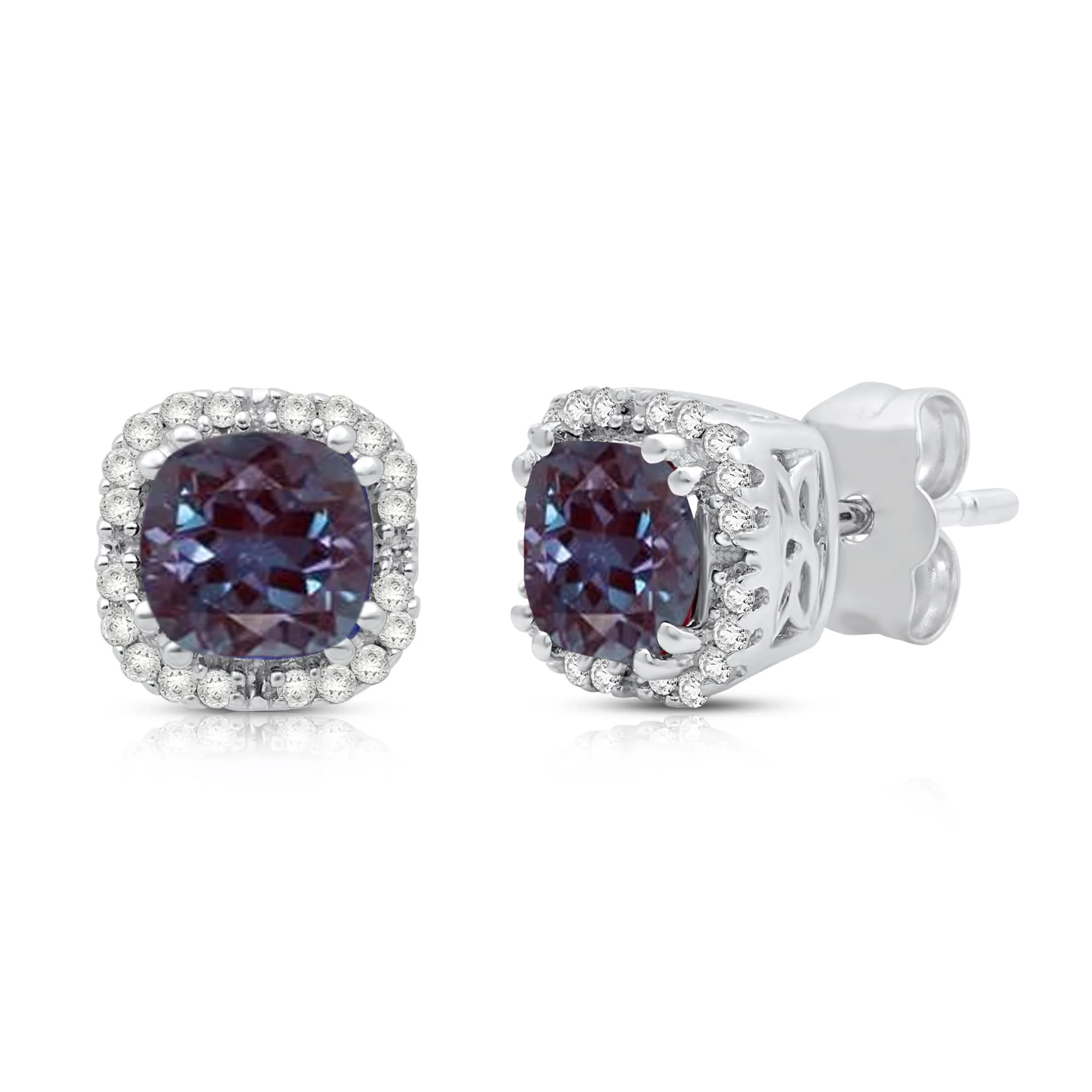 Jewelili 10K White Gold with 1/10 CTTW Round Natural Diamonds and Cushion Created Alexandrite Stud Earrings