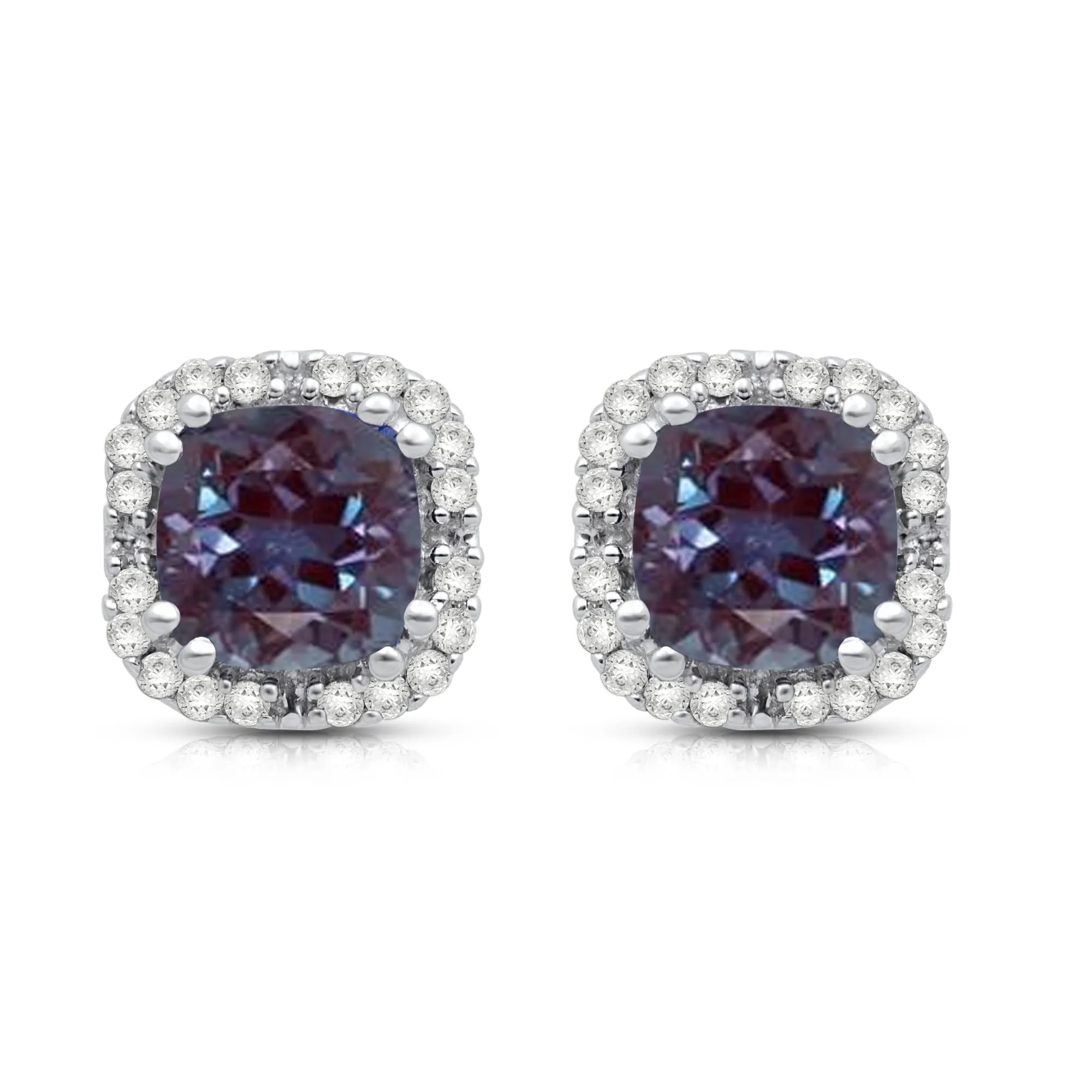 Jewelili 10K White Gold with 1/10 CTTW Round Natural Diamonds and Cushion Created Alexandrite Stud Earrings