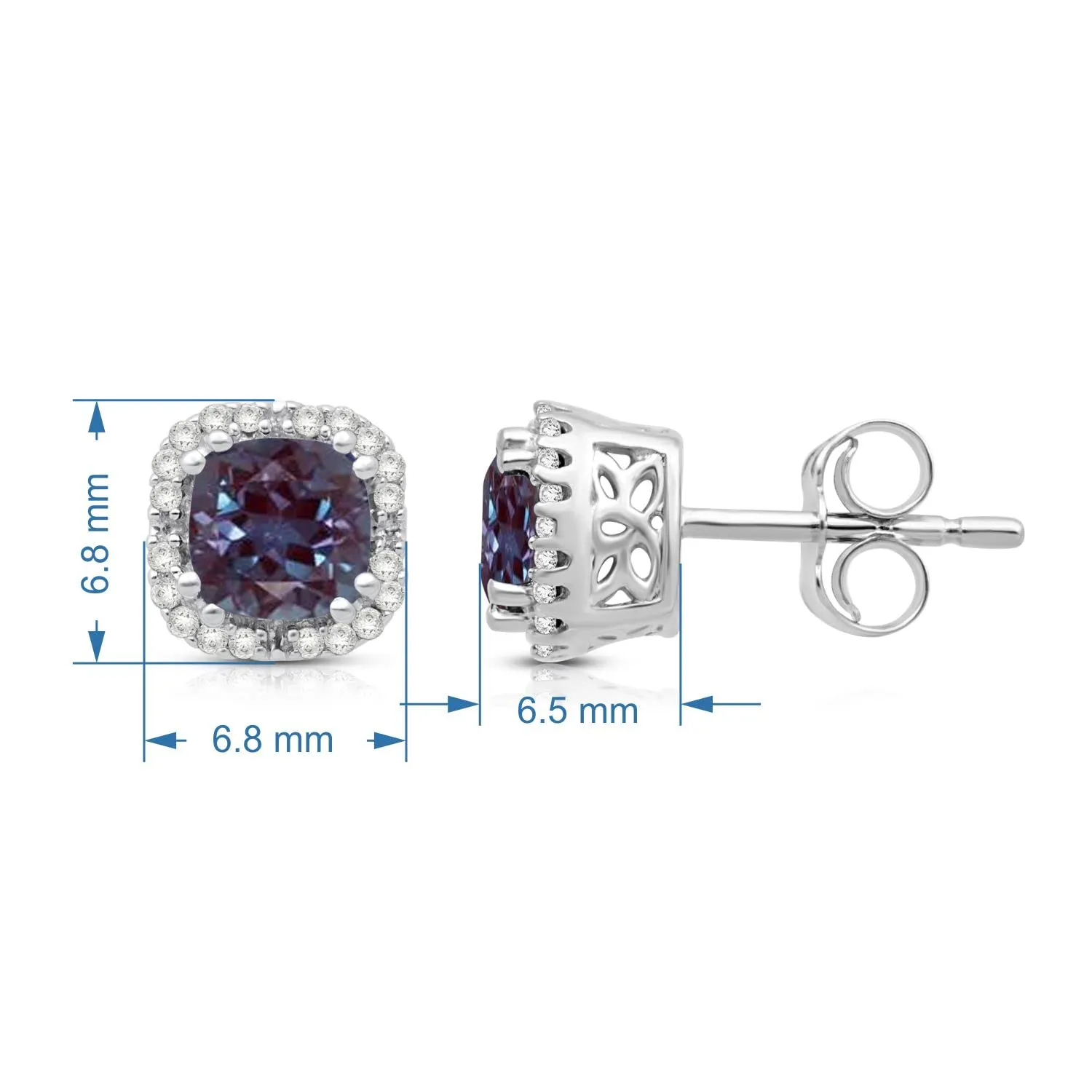 Jewelili 10K White Gold with 1/10 CTTW Round Natural Diamonds and Cushion Created Alexandrite Stud Earrings