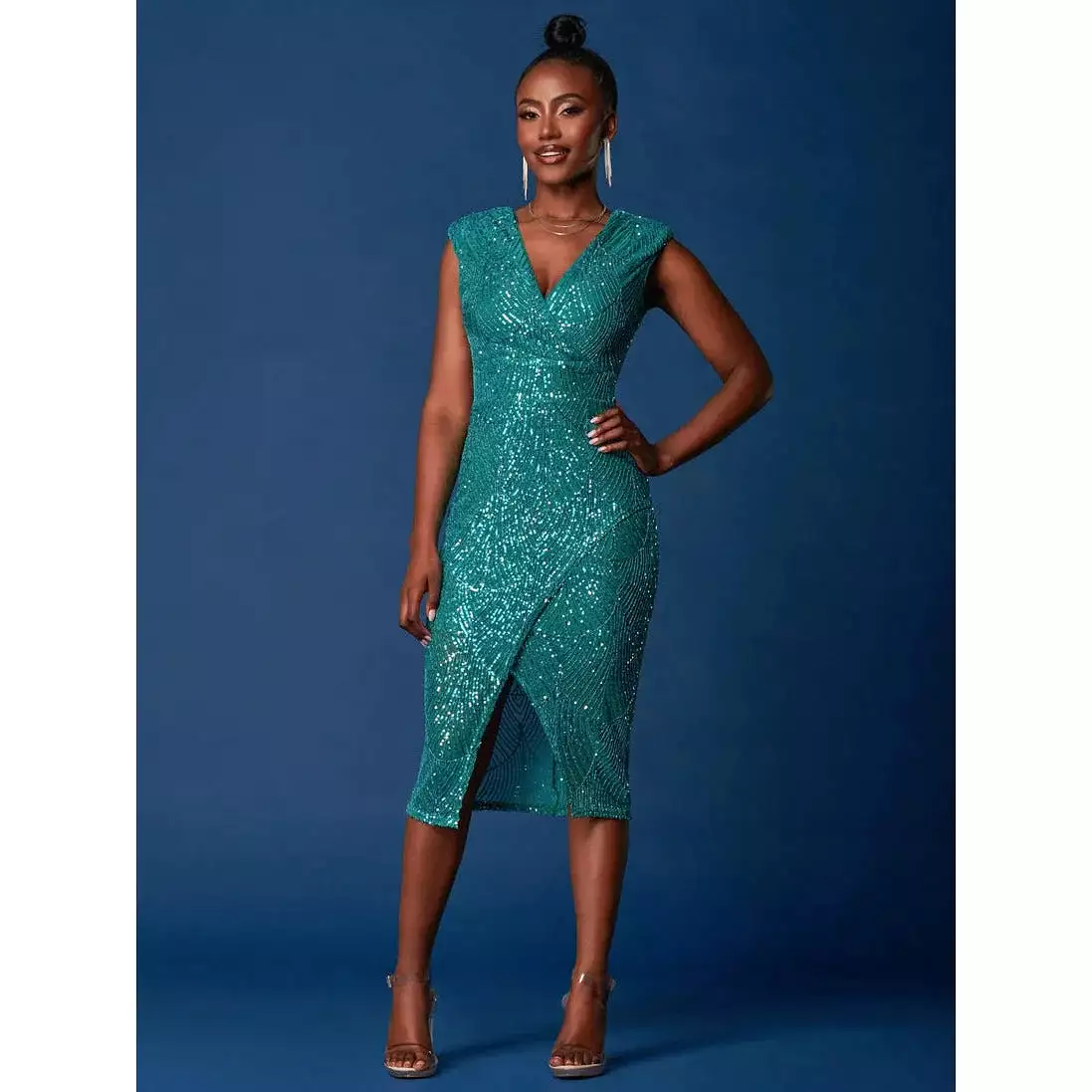 Jolie Moi Teal Green Sleeveless V Neck Split Skirt Sequin Wiggle Dress