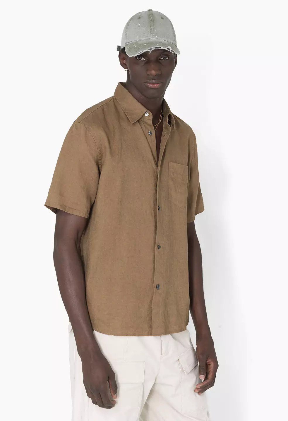 Linen SS Cloak Button Up / Brown