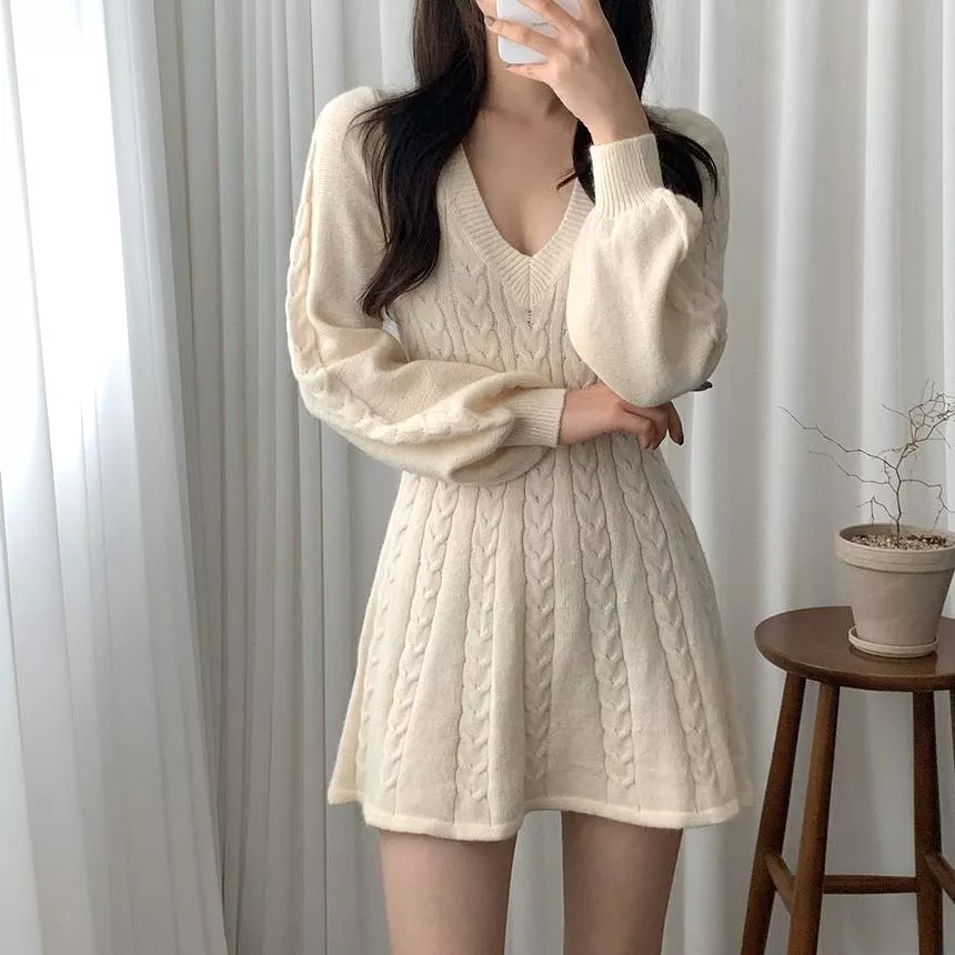 Long-Sleeve Cable-Knit Mini A-Line Sweater Dress ZR22