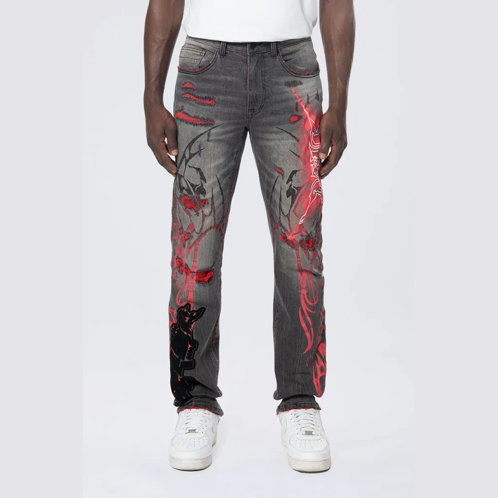 Long Slim Tribal Print R&R Jeans - Orca Grey