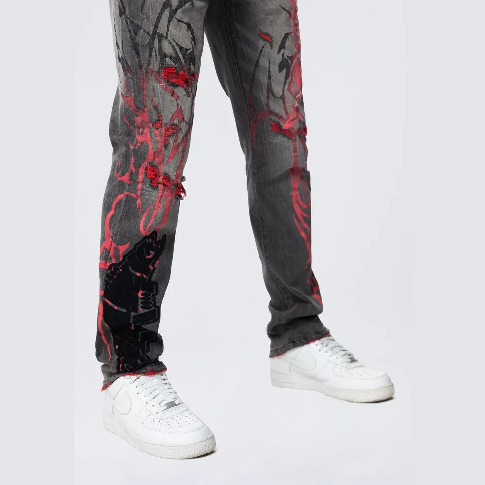 Long Slim Tribal Print R&R Jeans - Orca Grey