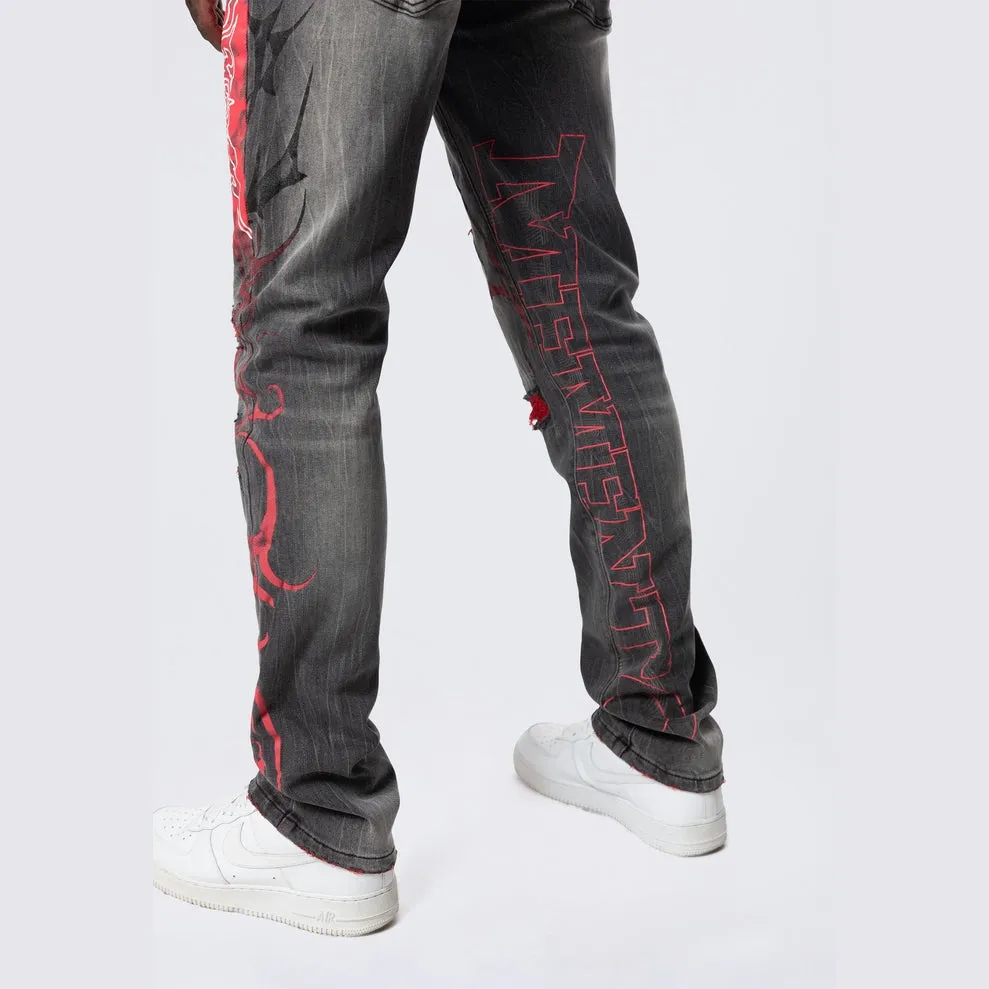 Long Slim Tribal Print R&R Jeans - Orca Grey