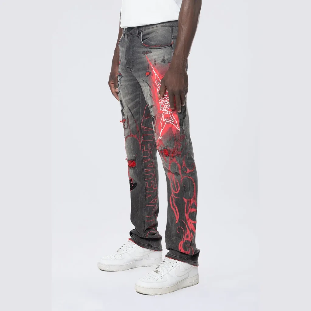 Long Slim Tribal Print R&R Jeans - Orca Grey