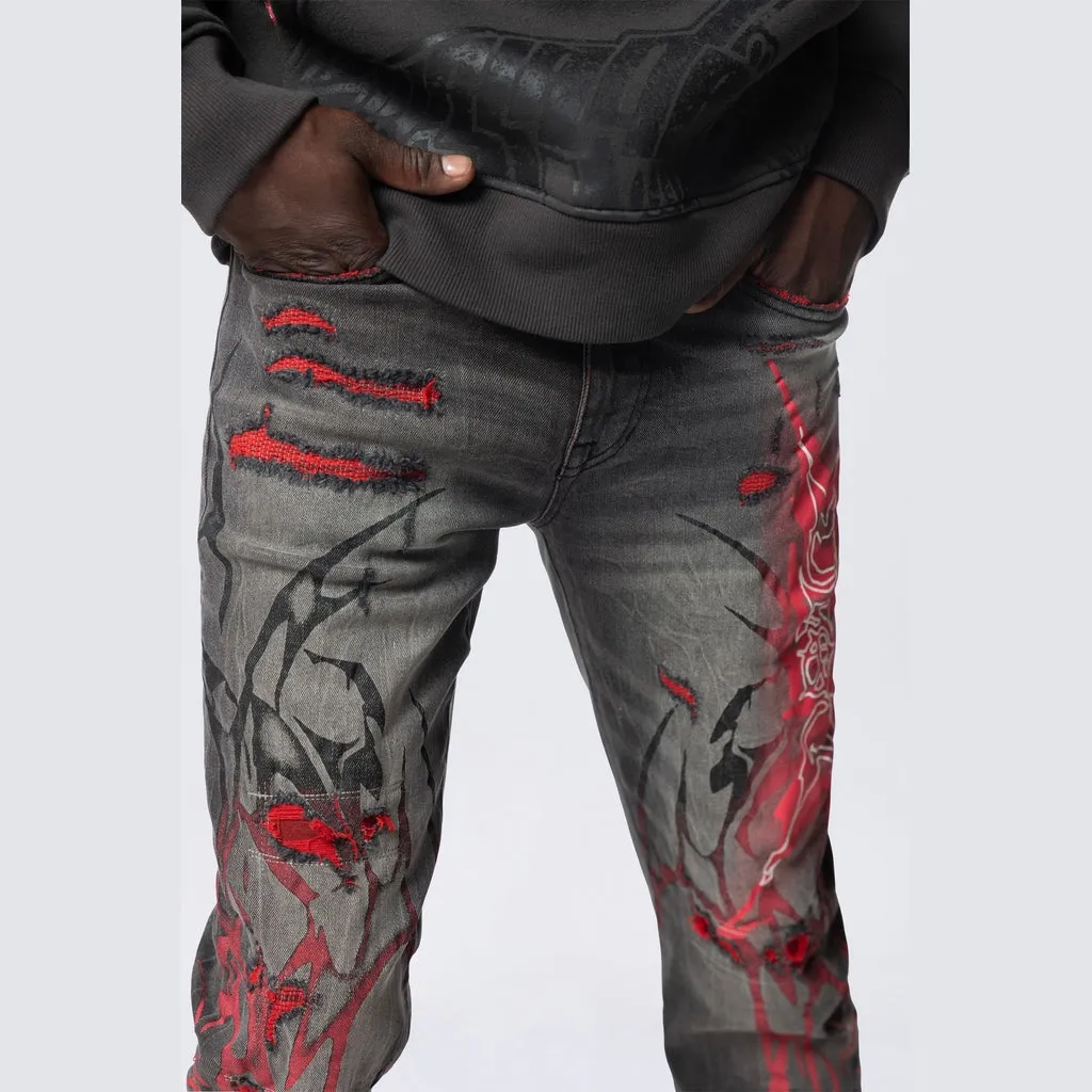 Long Slim Tribal Print R&R Jeans - Orca Grey