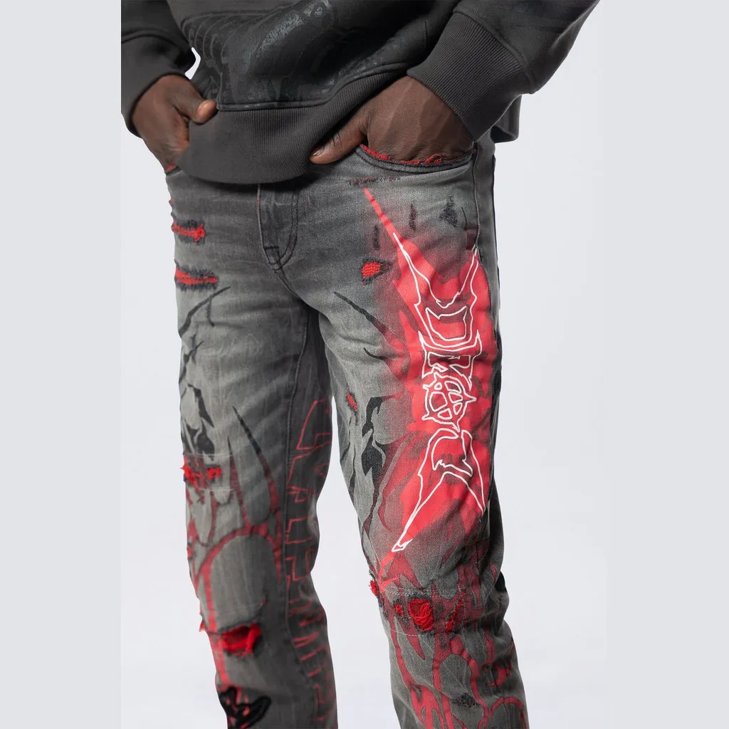 Long Slim Tribal Print R&R Jeans - Orca Grey