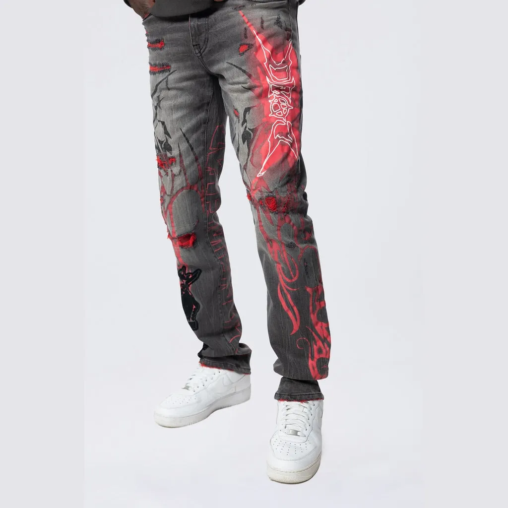 Long Slim Tribal Print R&R Jeans - Orca Grey