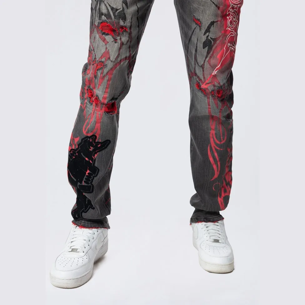 Long Slim Tribal Print R&R Jeans - Orca Grey