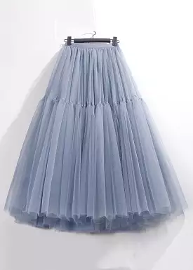 Loose Blue Solid High Waist Tulle Pleated Skirt AS1065