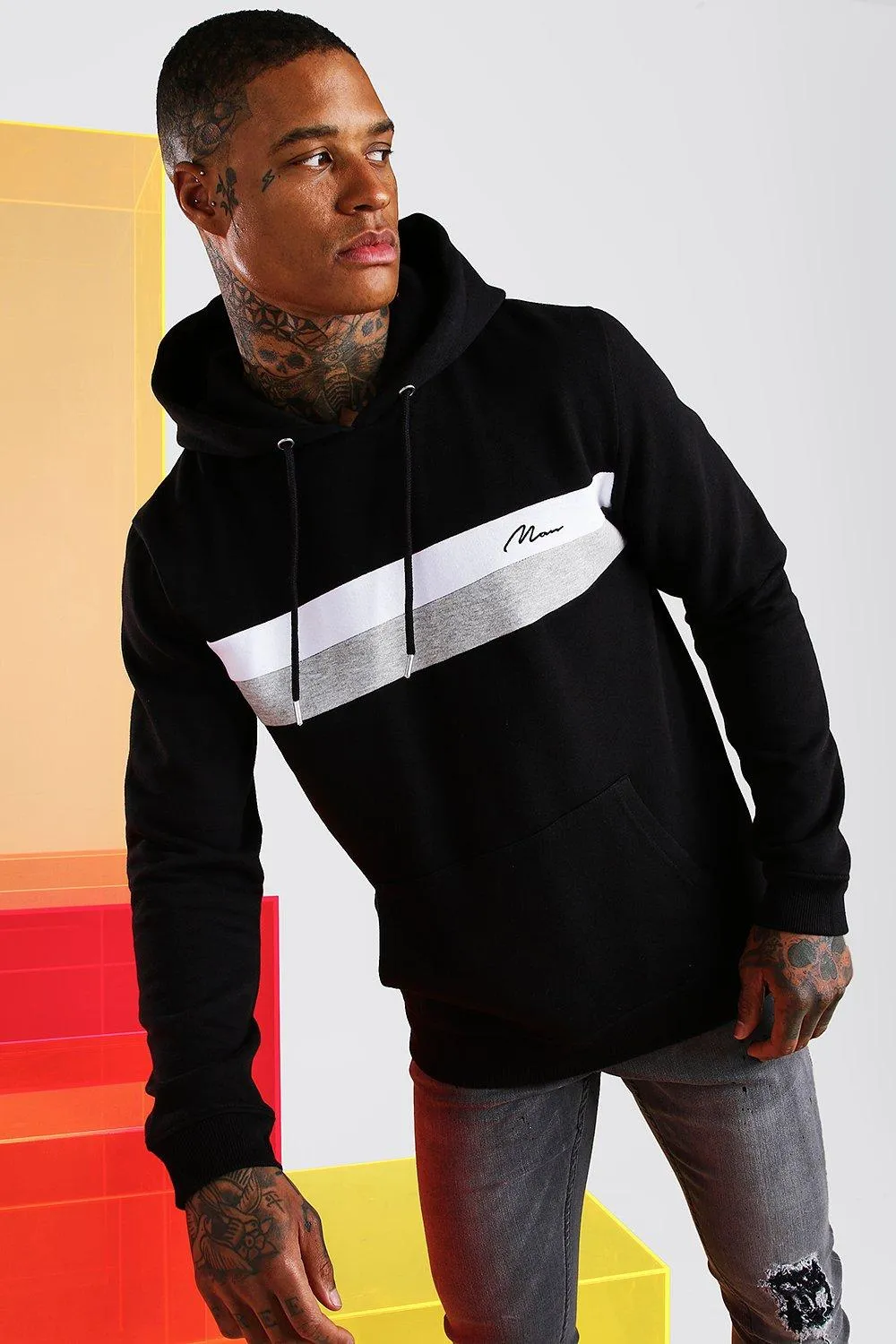 MAN Signature Colour Block Hoodie | boohooMAN UK