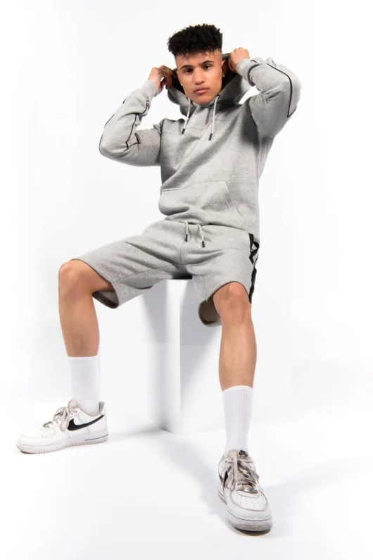 Mens Grey Zip Detail Shorts Hoodie Set 