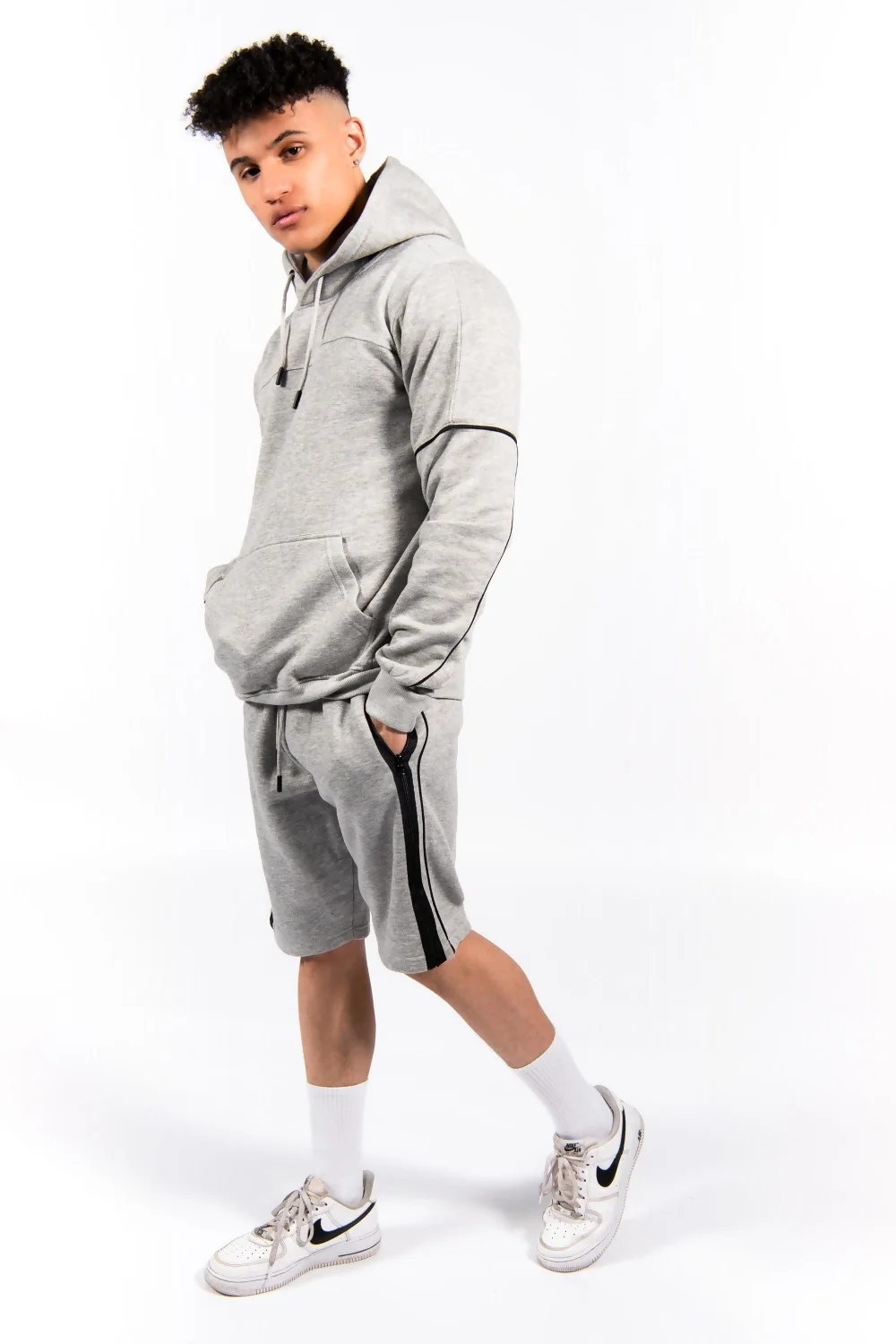 Mens Grey Zip Detail Shorts Hoodie Set 