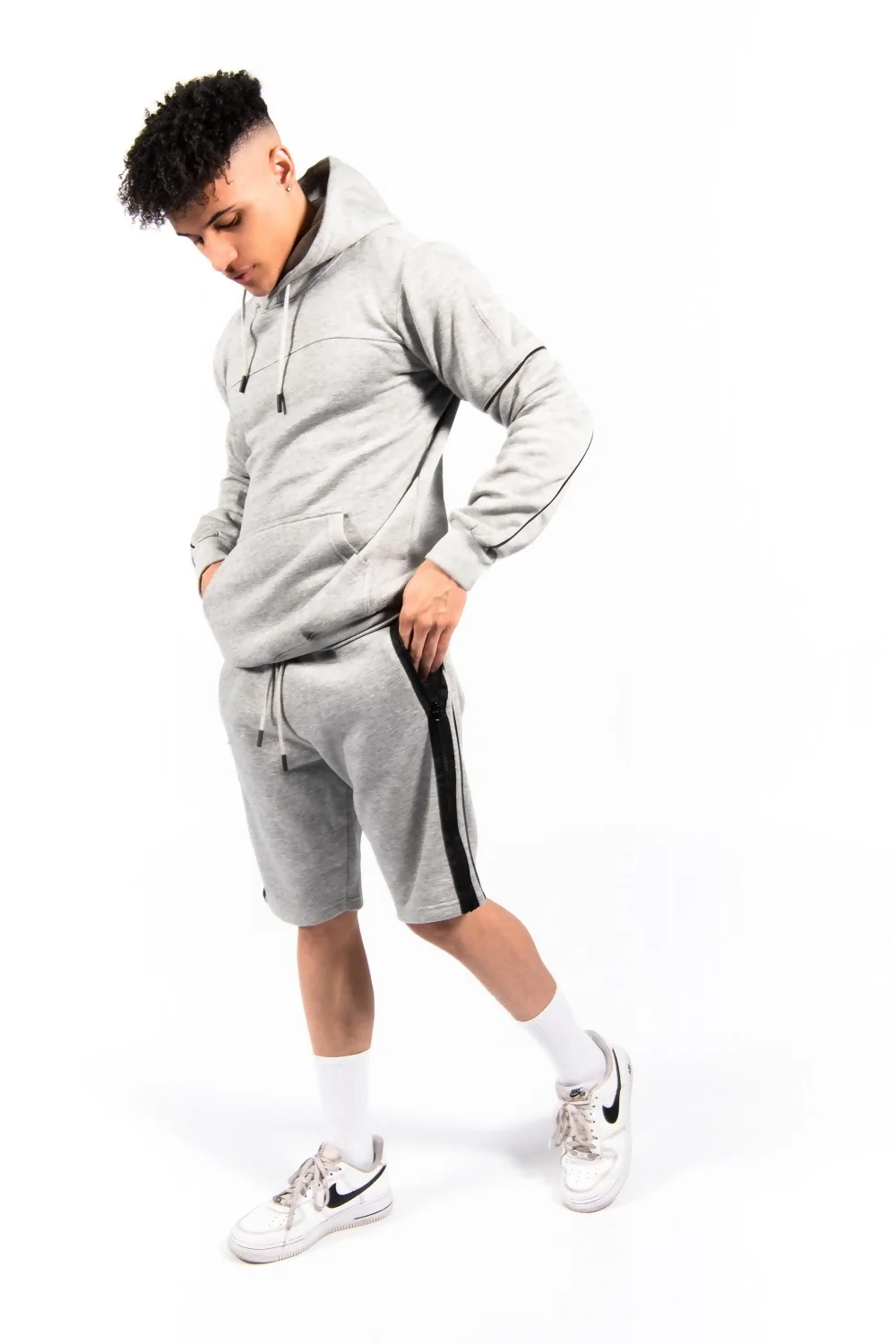 Mens Grey Zip Detail Shorts Hoodie Set 