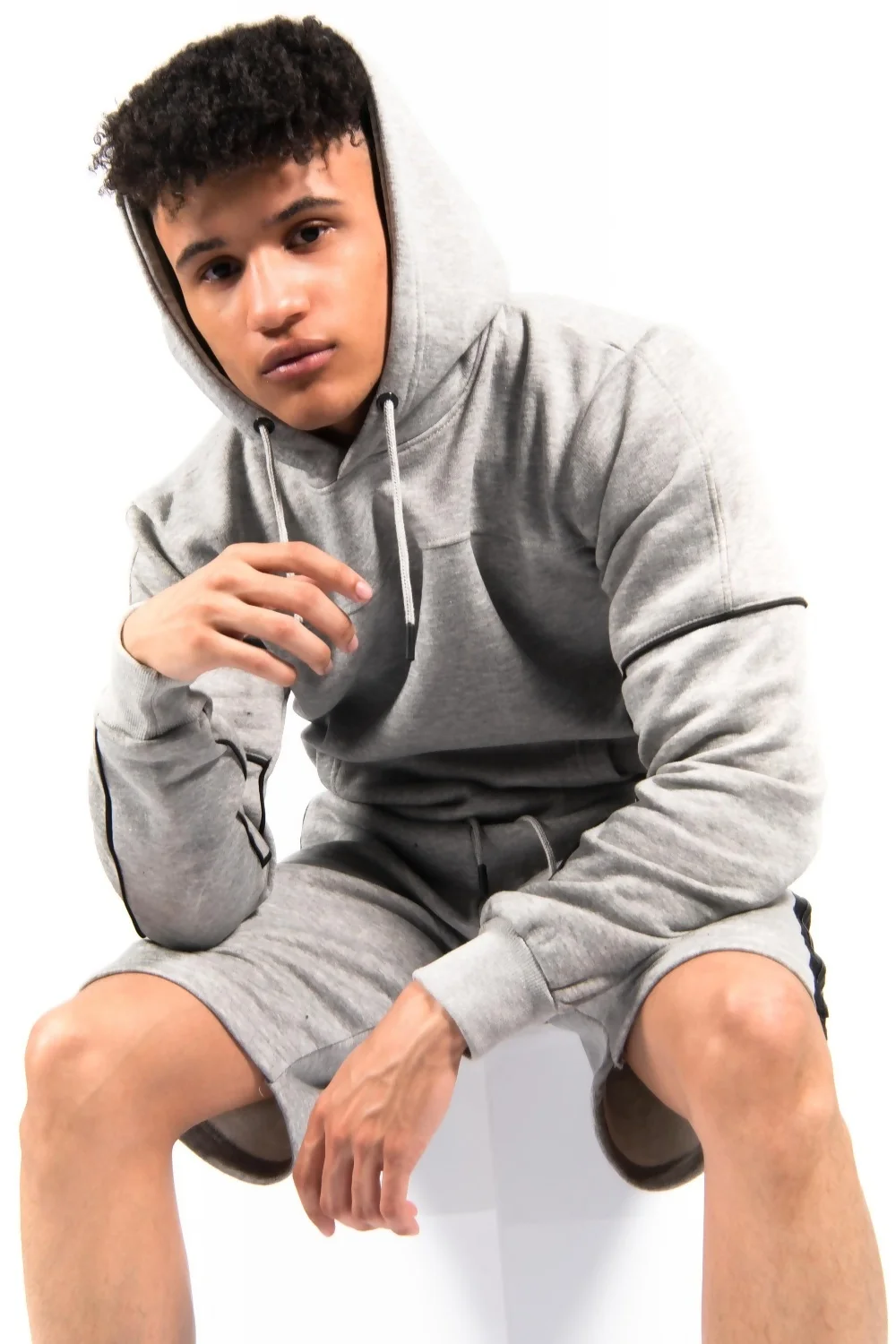 Mens Grey Zip Detail Shorts Hoodie Set 