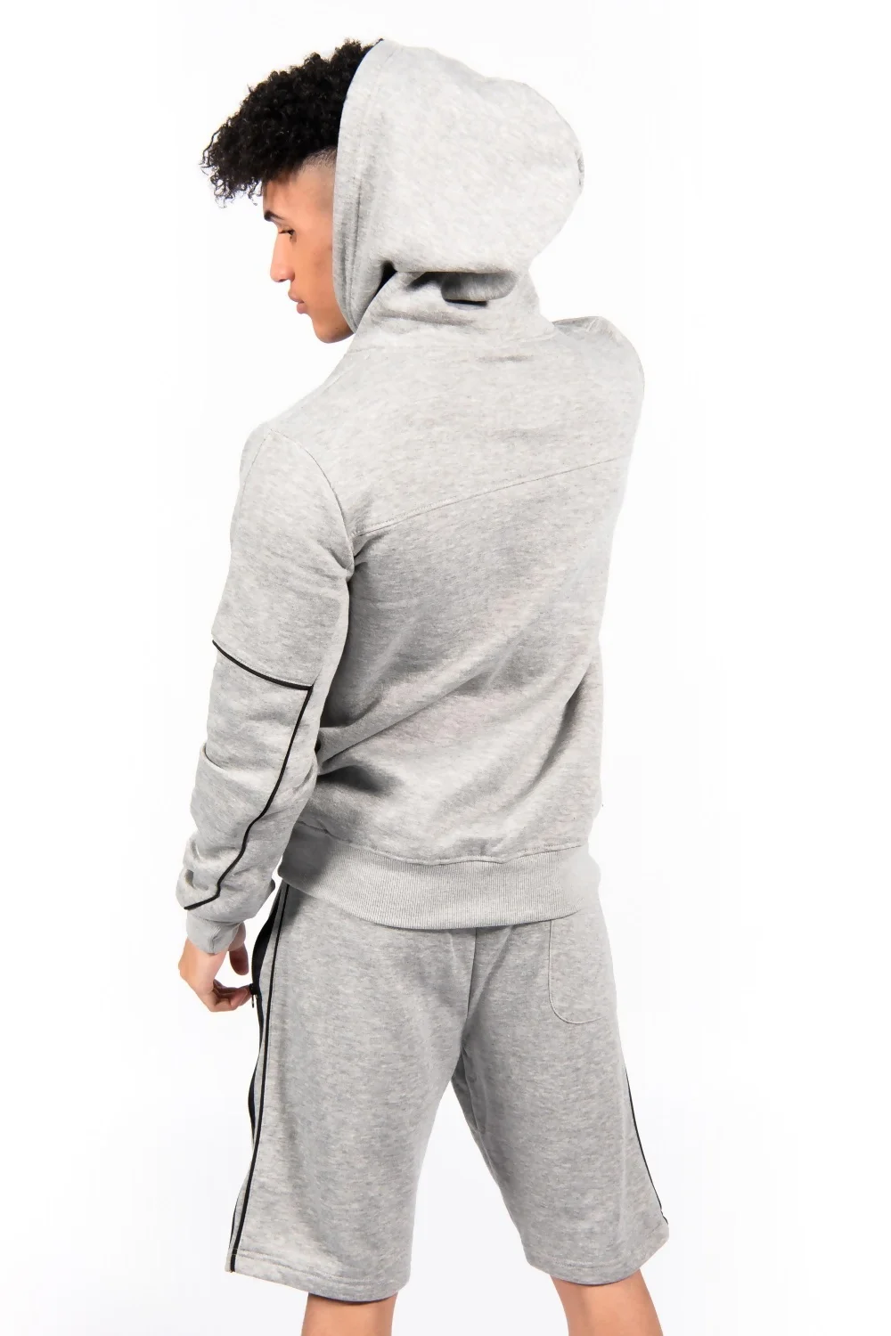 Mens Grey Zip Detail Shorts Hoodie Set 