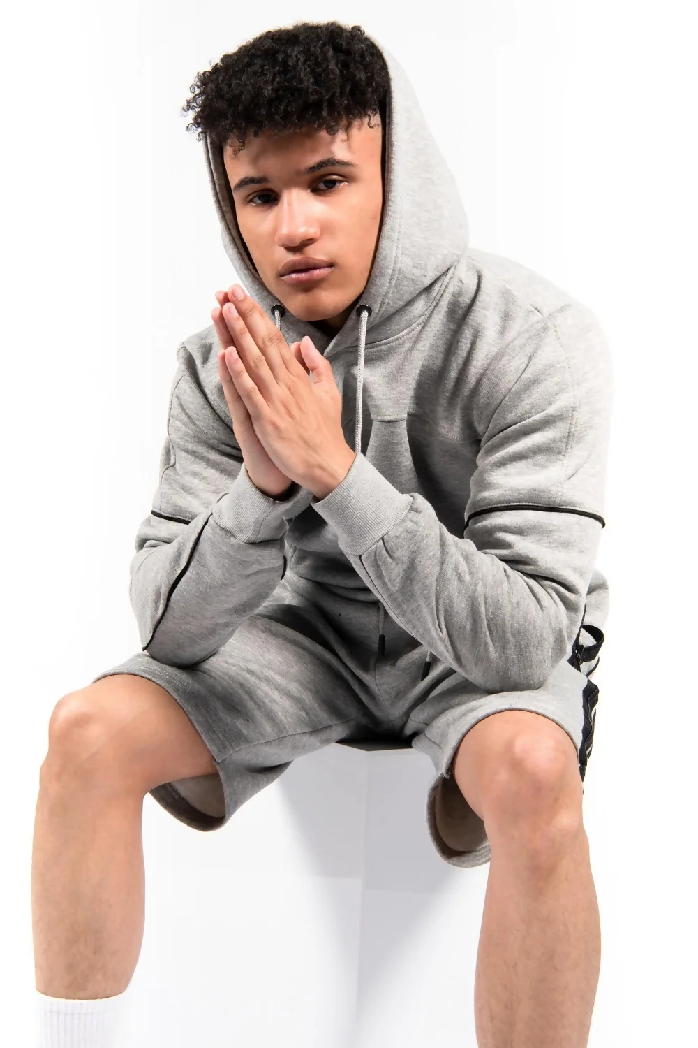 Mens Grey Zip Detail Shorts Hoodie Set 