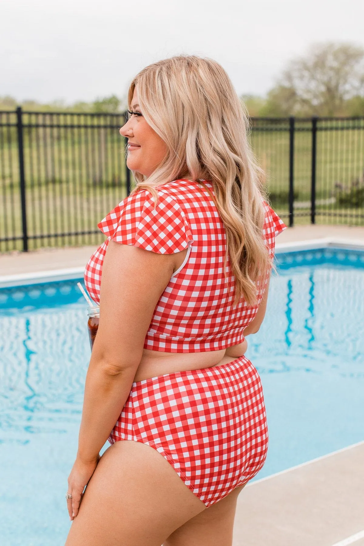 Miami Memories Flutter Sleeve Swim Top- Red Gingham