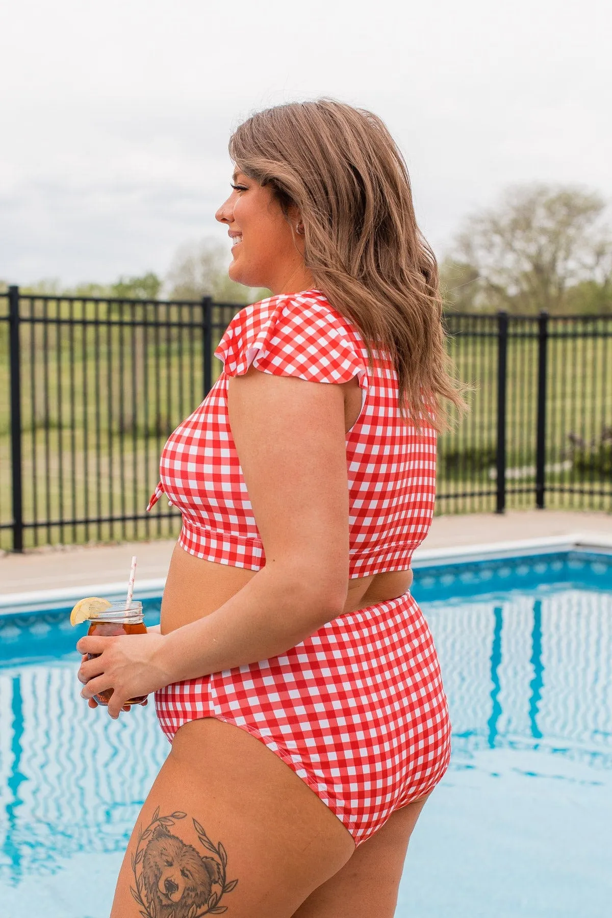 Miami Memories Flutter Sleeve Swim Top- Red Gingham