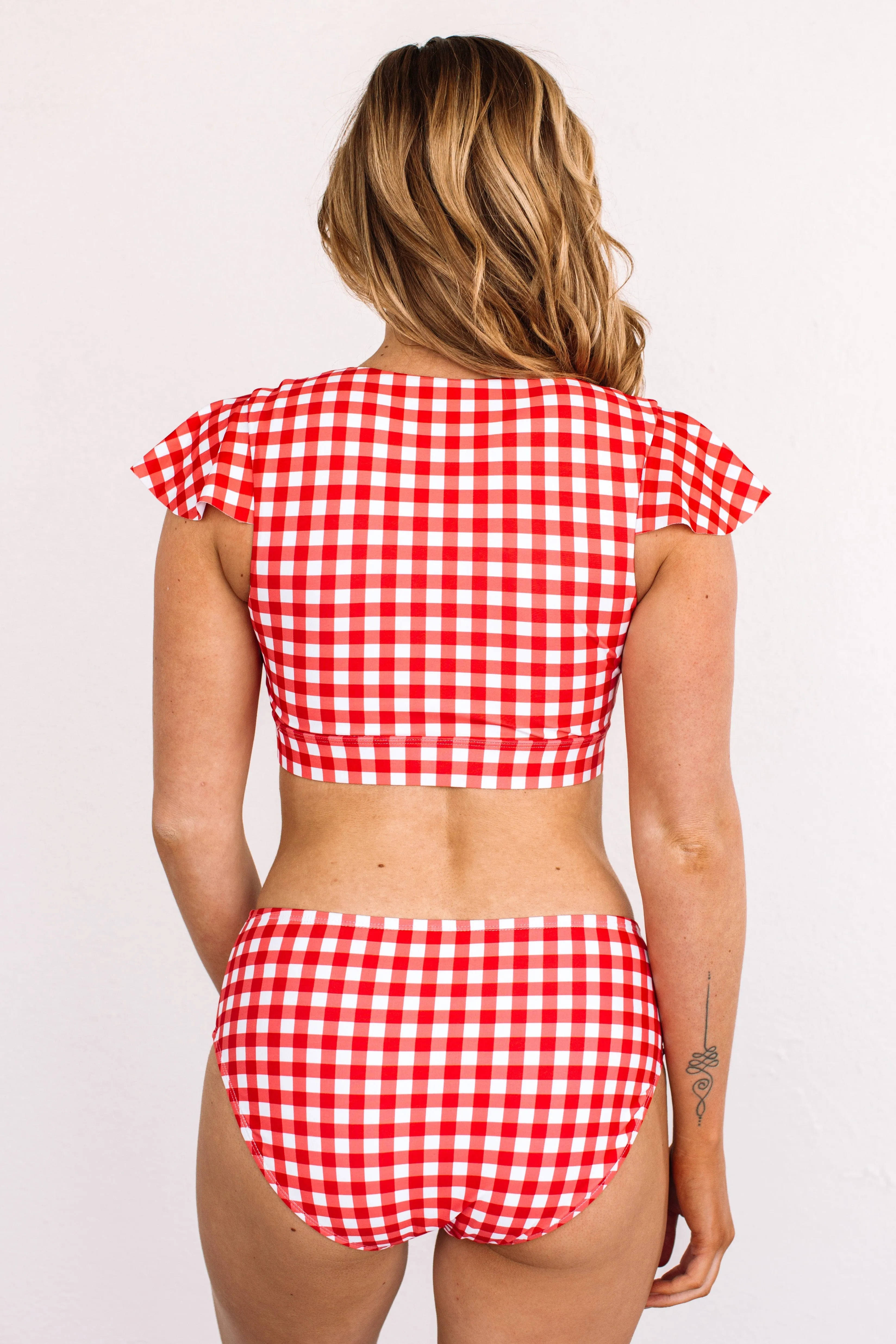 Miami Memories Flutter Sleeve Swim Top- Red Gingham