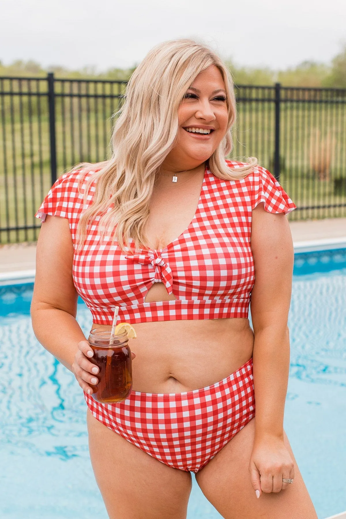 Miami Memories Flutter Sleeve Swim Top- Red Gingham