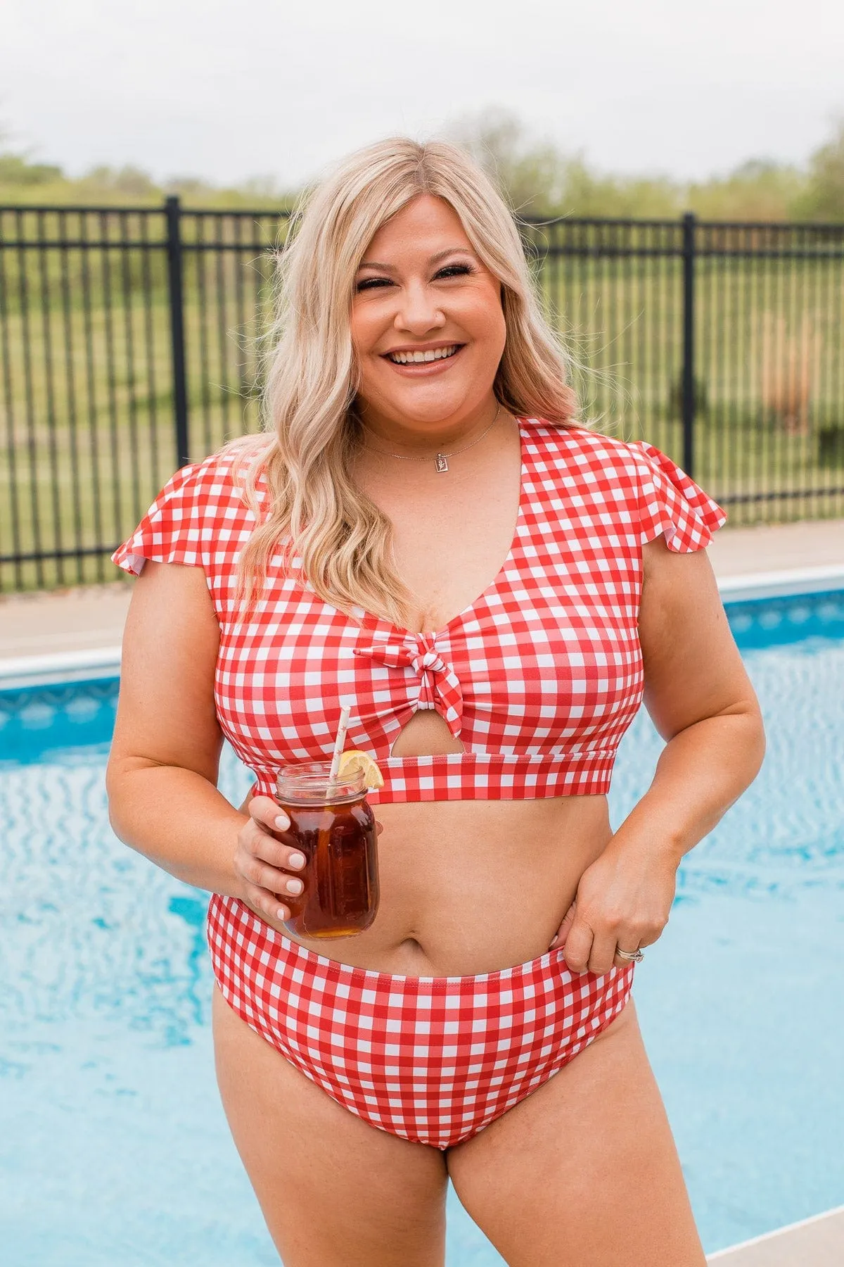 Miami Memories Flutter Sleeve Swim Top- Red Gingham