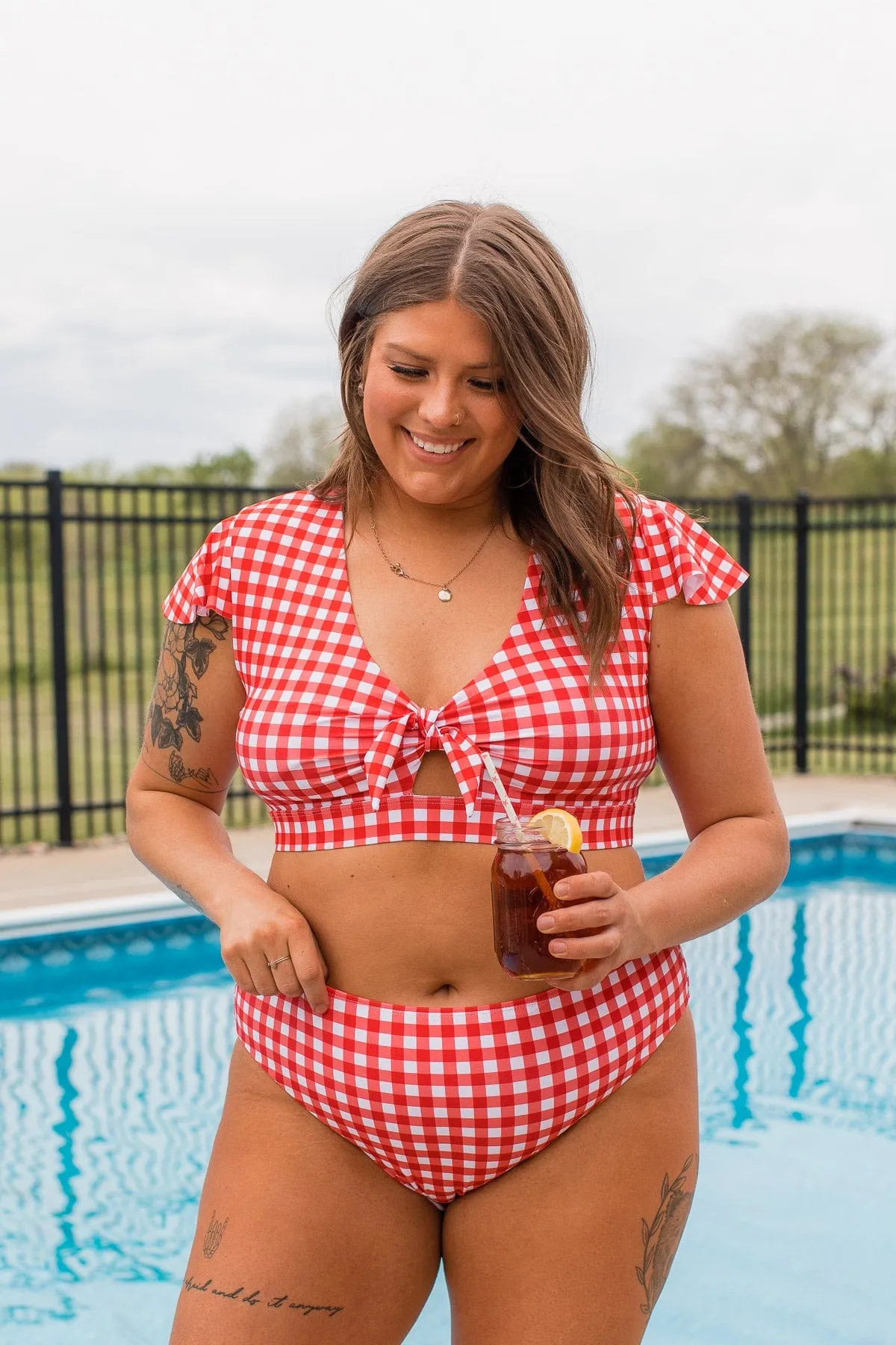 Miami Memories Flutter Sleeve Swim Top- Red Gingham