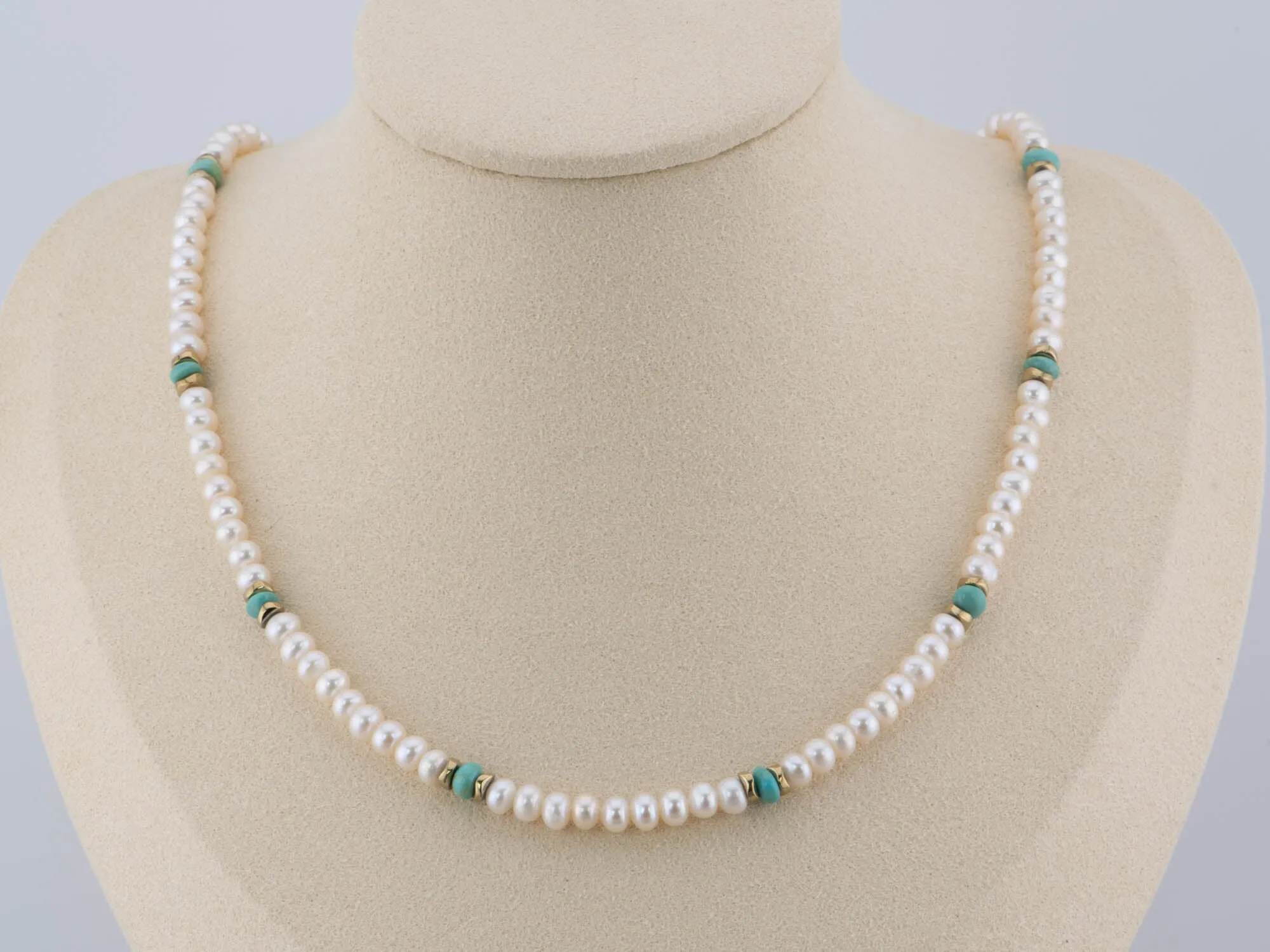 Mini Pearl Choker Necklace with Natural Turquoise and Gold Bead Accent P1070