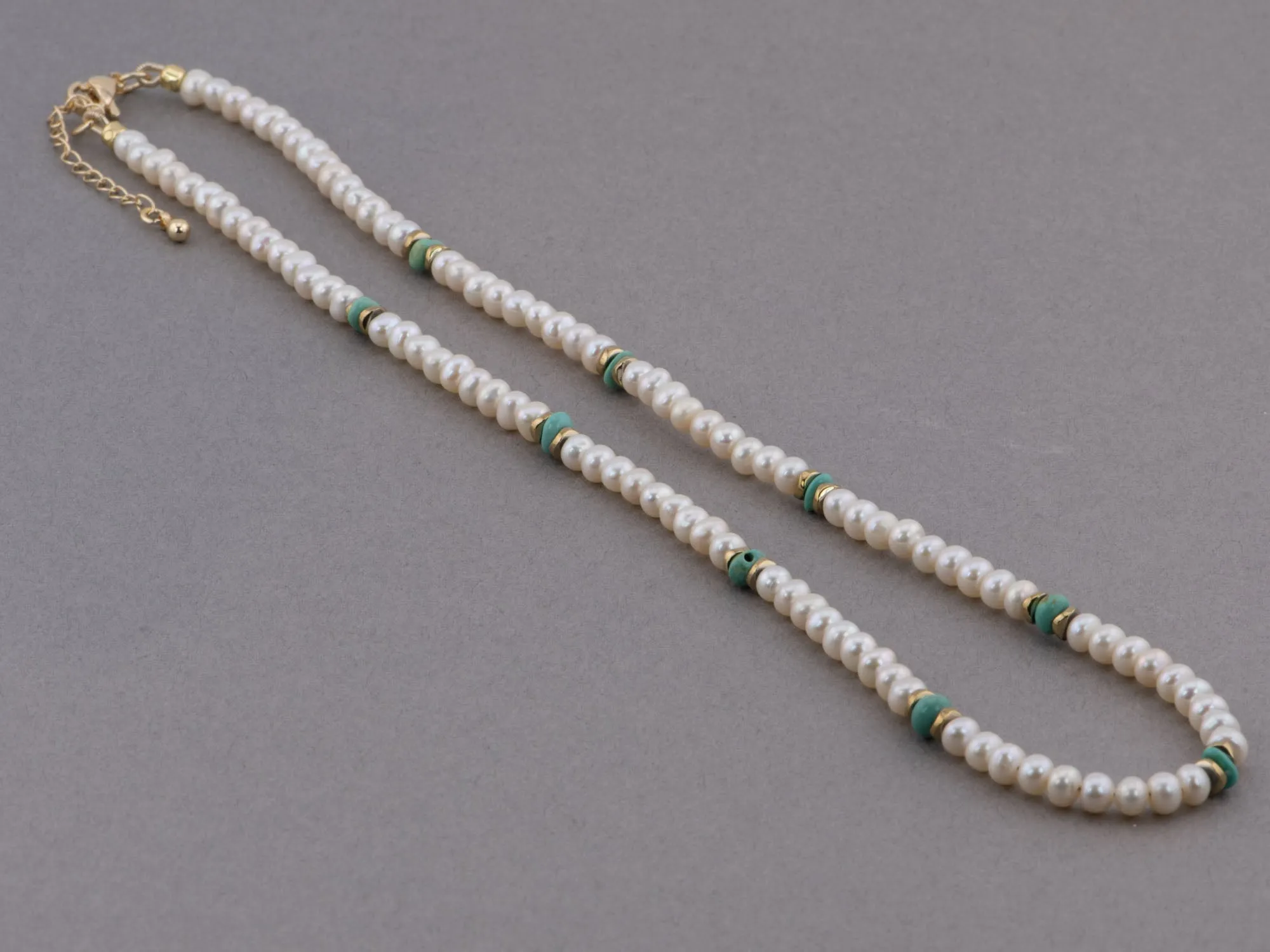 Mini Pearl Choker Necklace with Natural Turquoise and Gold Bead Accent P1070