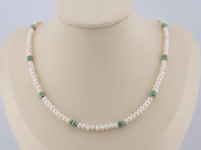 Mini Pearl Choker Necklace with Natural Turquoise and Gold Bead Accent P1070