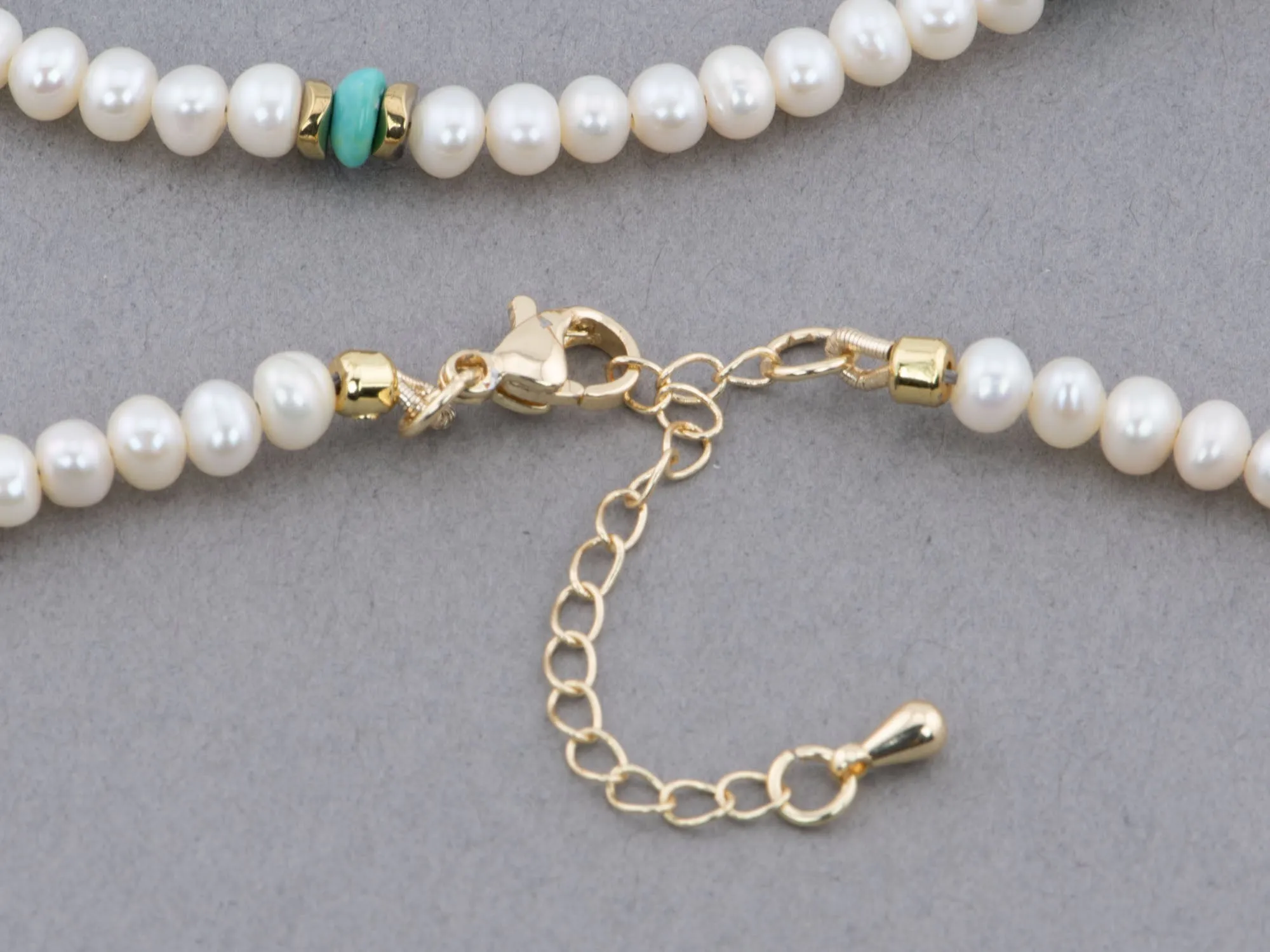 Mini Pearl Choker Necklace with Natural Turquoise and Gold Bead Accent P1070